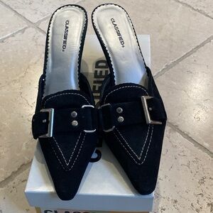 Classified Women's Black Suede Mules with Silver Buckle